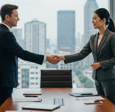 A man and woman shaking hands in a  boardroom