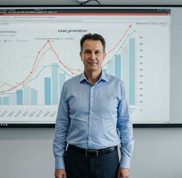 Man in front of a screen with a trending chart