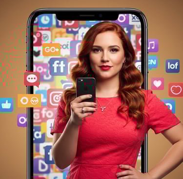 woman standing in front of smartphone with social media logos in the background