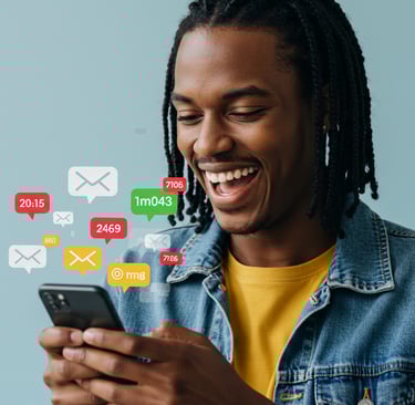a person happily looking at their phone with several email notification bubbles
