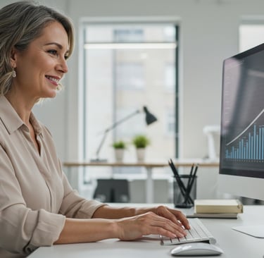a person confidently typing on a keyboard with a graph trending upwards in the background
