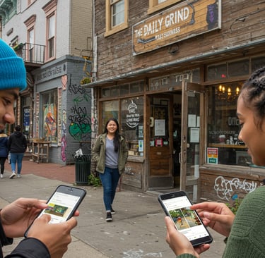 A photo of two people using their smartphones to search for local businesses