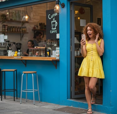 a store owner in front of a small business recording a video on their smartphone