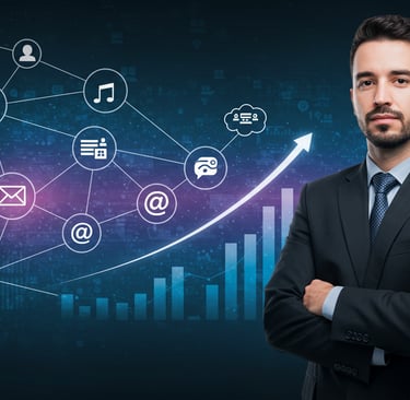 A sales leader standing in front of an image showing a network of interconnected digital icons