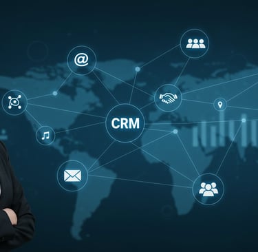a woman standing in front of an image of a CRM dashboard
