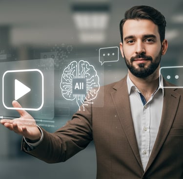 a man interacting with an image displaying various digital marketing elements