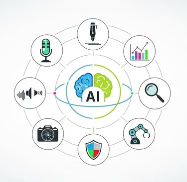 A graphic with icons representing different AI applications around a central brain icon