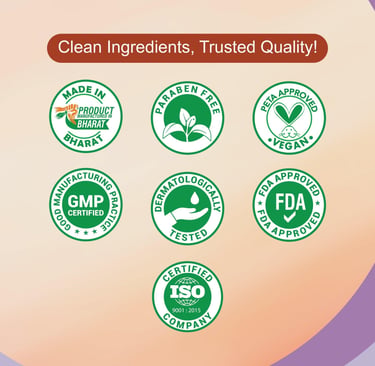 Green certification seals for paraben-free, vegan, GMP, and FDA approved clean beauty products.
