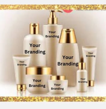 a group of cosmetic products with a gold frame