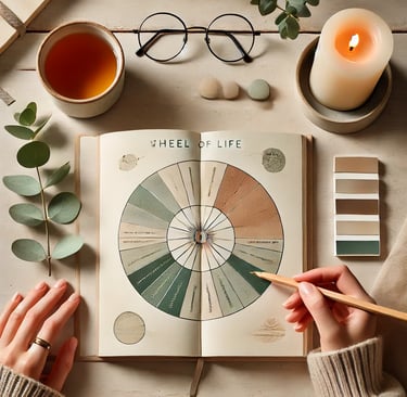 A soft, calming flat lay scene on a pale wooden desk. An open journal shows a hand-drawn “Wheel of Life” with shaded segments