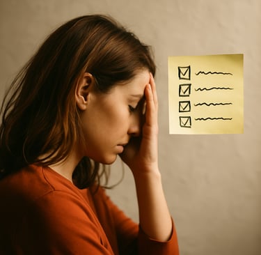 A thoughtful young woman sits at a table with her hand resting on her forehead, surrounded by scattered papers and a warm, so