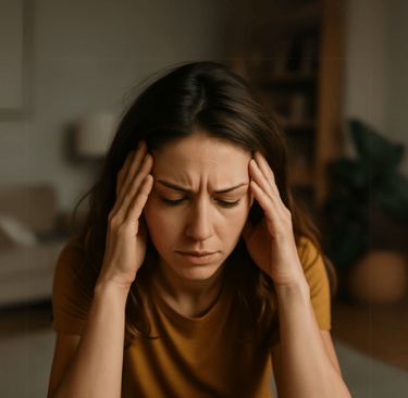 A young woman pausing with her eyes closed, reflecting calm and mindfulness — representing stress management and mental clari