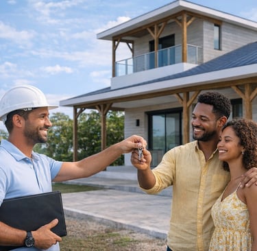 Maison clé en main Martinique - jeune couple recevant leur clé devant la maison