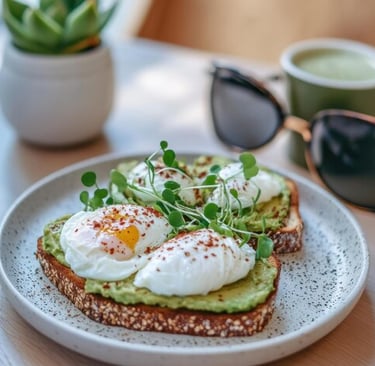 Two slices of whole-grain toast topped with creamy mashed avocado, fresh radish microgreens, and a d