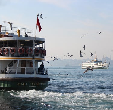 Greek ferry sailing between islands on a clear September day