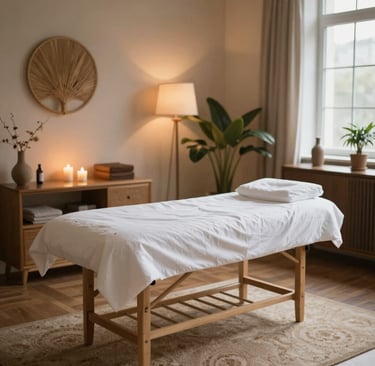 A person sits cross-legged on a chair, with eyes closed, hands raised, and a calm expression in a dimly lit auditorium. The surroundings include a stage, overhead lights, and a grand piano partially visible in the background.