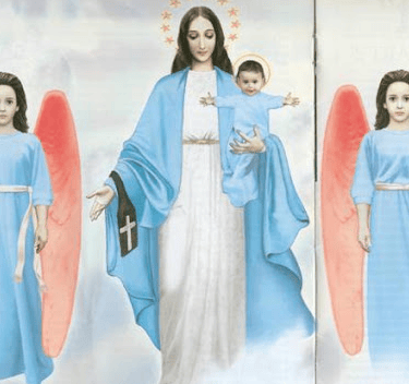 Représentation des apparitions de la Sainte Vierge Marie avec l'Enfant-Jésus et les anges à garabendael en Espagne avec l'Enf
