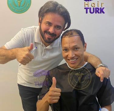 happy patient with hair line design and a doctor before hair transplantation