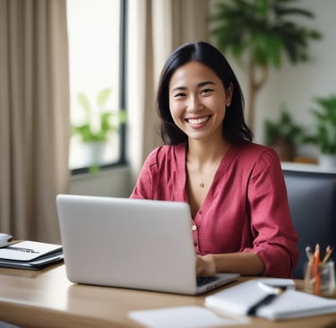 a woman sitting at a desk with a laptop computer