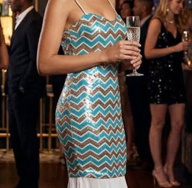 Elegant woman in a sequined blue and gold chevron mermaid gown holding a champagne glass at a gala.
