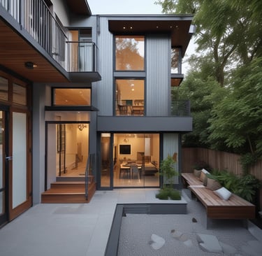 A residential building with a modern architectural design, featuring white walls and large windows. Trees with sparse foliage are in the foreground, and the scene is illuminated by warm, soft lighting, suggesting late afternoon or early evening.