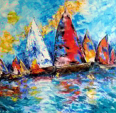 une course de voiliers dont les voiles colorées se reflètent dans l'eau