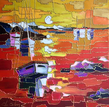 tableau-coucher-de-soleil-et-bateau-cloisonne