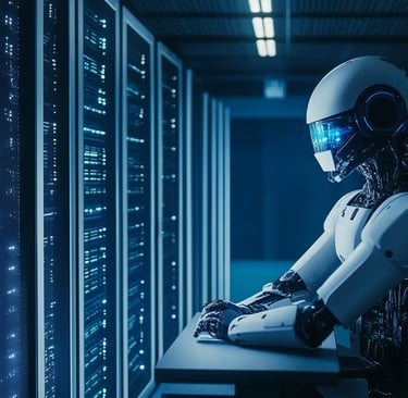 a robot suit sitting on a table in a server room