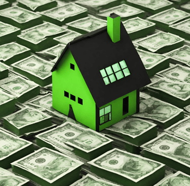 Green house surrounded by money