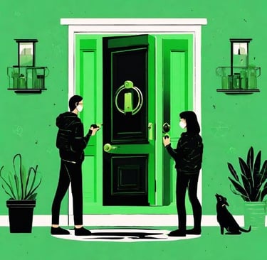 Two people looking at a green themed Exeter property
