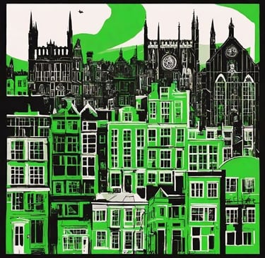 A green cityscape of a Exeter city with a clock tower