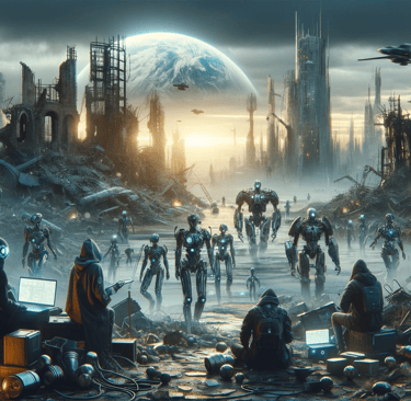 Dystopian future with only robots and hackers gathered in the street.
