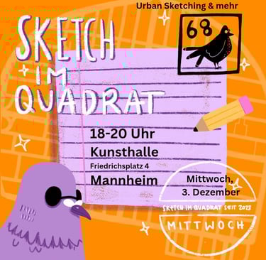 Flyer sketch im quadrat orange lila, tauben, Kunsthalle mannheim