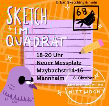 Orangener flyer mit tauben die sonnenbrillen tragen urban sketching in mannheim am mneuen messplatz