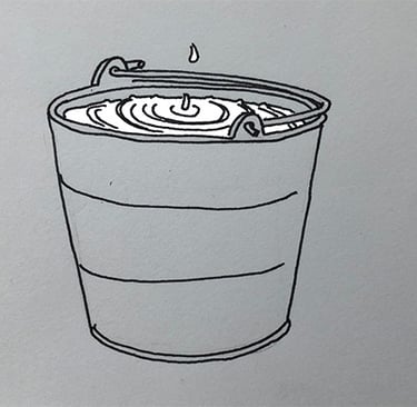 illustratie van emmer vol water waar druppels in vallen waardoor hij bijna overstroomt