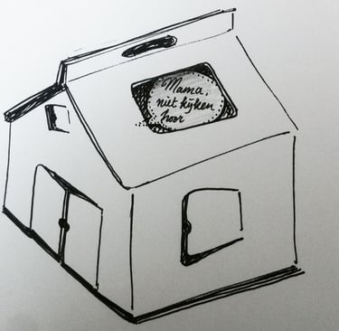 illustratie van kartonnen speelhuis met kind erin dat ondeugend is