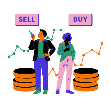 Ghana Korea Traders analyzing stock market trends with buy and sell buttons and coin stacks.