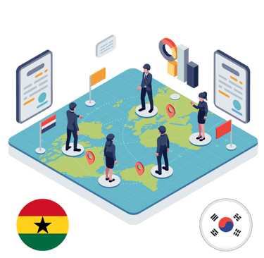 Isometric global business network illustration with business people standing on a world map with data charts.