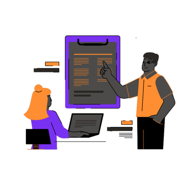 Flat illustration of a business team reviewing project data on a large digital clipboard.