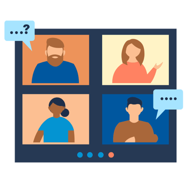Flat illustration of a virtual team meeting on a video call screen with diverse people and speech bubbles.