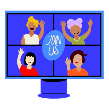 A computer monitor displaying a virtual meeting with four diverse people waving and a Join Us invitation.