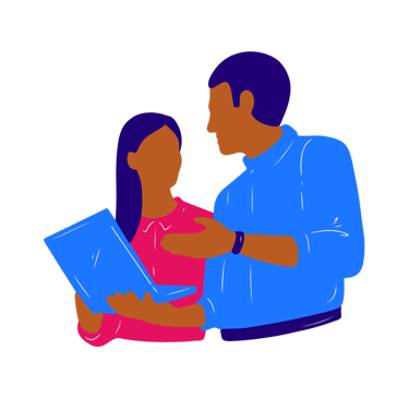 Flat vector illustration of colleagues collaborating on a project using a laptop.