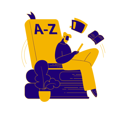 Illustration of a person reading on a stack of books with an A-Z encyclopedia or dictionary theme.