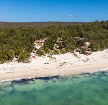Aerial view of Ocean Lodge beachfront lodge in Sakalava Bay near Diego Suarez, Madagascar