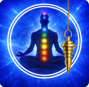 un homme, ses chakras, un pendule dasn deux cercles blancs