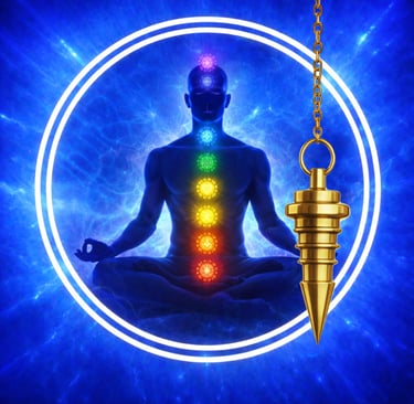 Un homme avec les 7 chakras assis dans deux cercles blancs