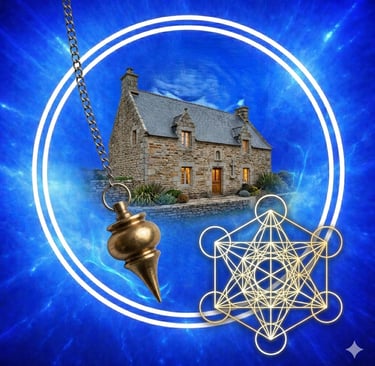 un pendule, une maison bretonne et le cube de Métatron dans double cercle blanc 