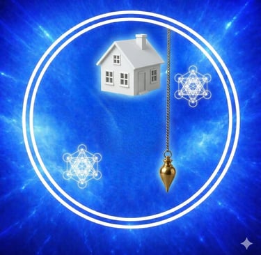une maison blanche, un pendule en laiton, deux symboles du cube de Métatron dans un double cercle bl