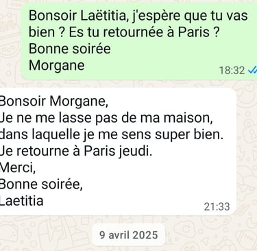 Screenshot of a French WhatsApp text exchange between Morgane and Laetitia about traveling to Paris.