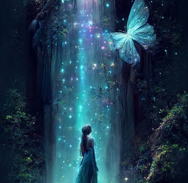 Une jeune femme sous une cascade de lumière verte avec un papillon